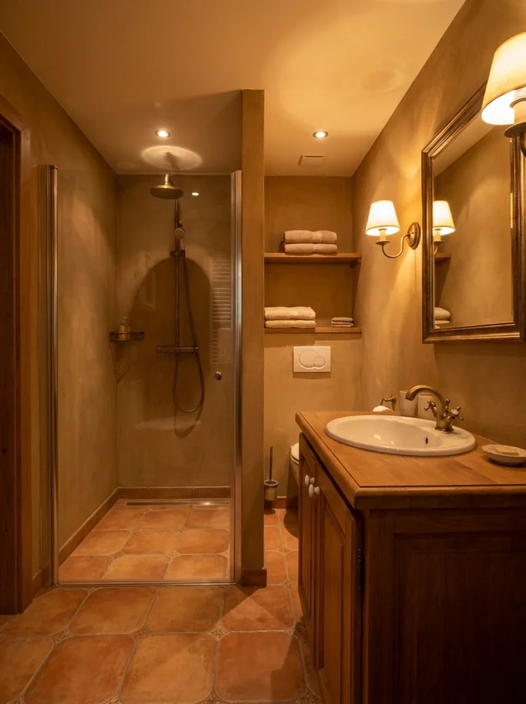 A small bathroom with the same tile flowing seamlessly from the main floor into the shower, warm bathroom lighting, vertical Pinterest photography, warm continuous-floor styling.