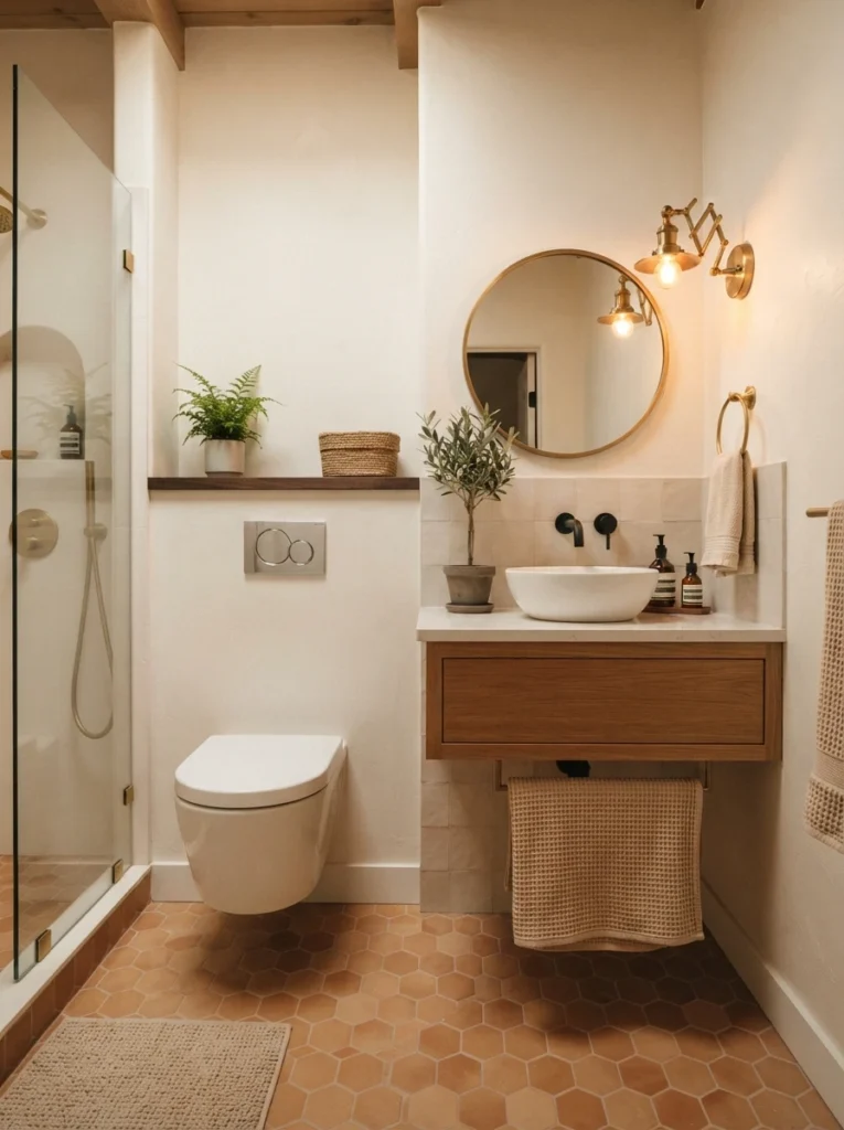A small bathroom with a wall-mounted toilet and floating vanity, floor space visible beneath both fixtures, warm bathroom lighting, vertical Pinterest photography, warm wall-mounted-layout styling.