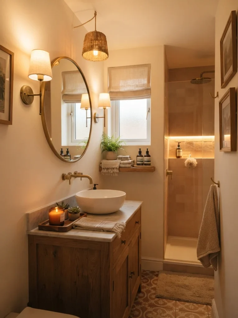 Soft diffused lighting in a small bathroom, layered rather than relying on one harsh overhead fixture, warm bathroom lighting, vertical Pinterest photography, warm diffused-lighting styling.