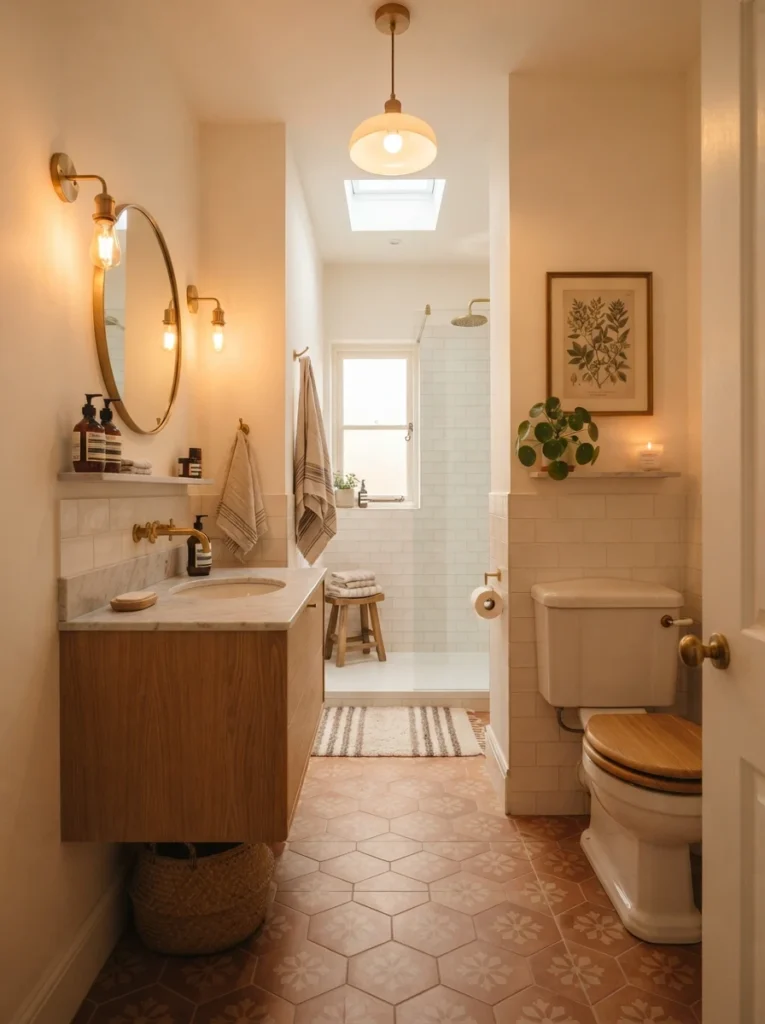 A galley-style small bathroom layout, vanity and toilet on opposite walls with a clear central walkway, warm bathroom lighting, vertical Pinterest photography, warm galley-layout styling.