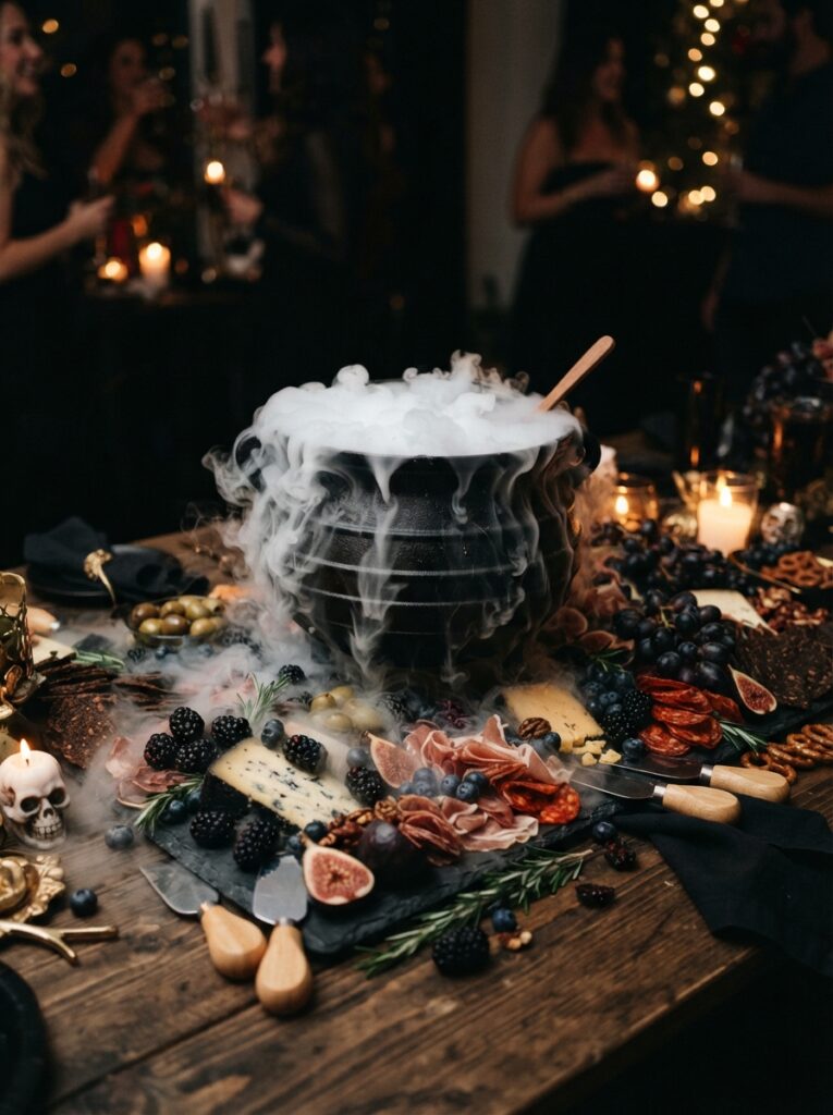![A central black bowl serving as a cauldron, billowing dramatic white dry ice fog over an intricate charcuterie board of dark fruits and meats, moody party lighting, vertical Pinterest photography, smoking cauldron styling.]