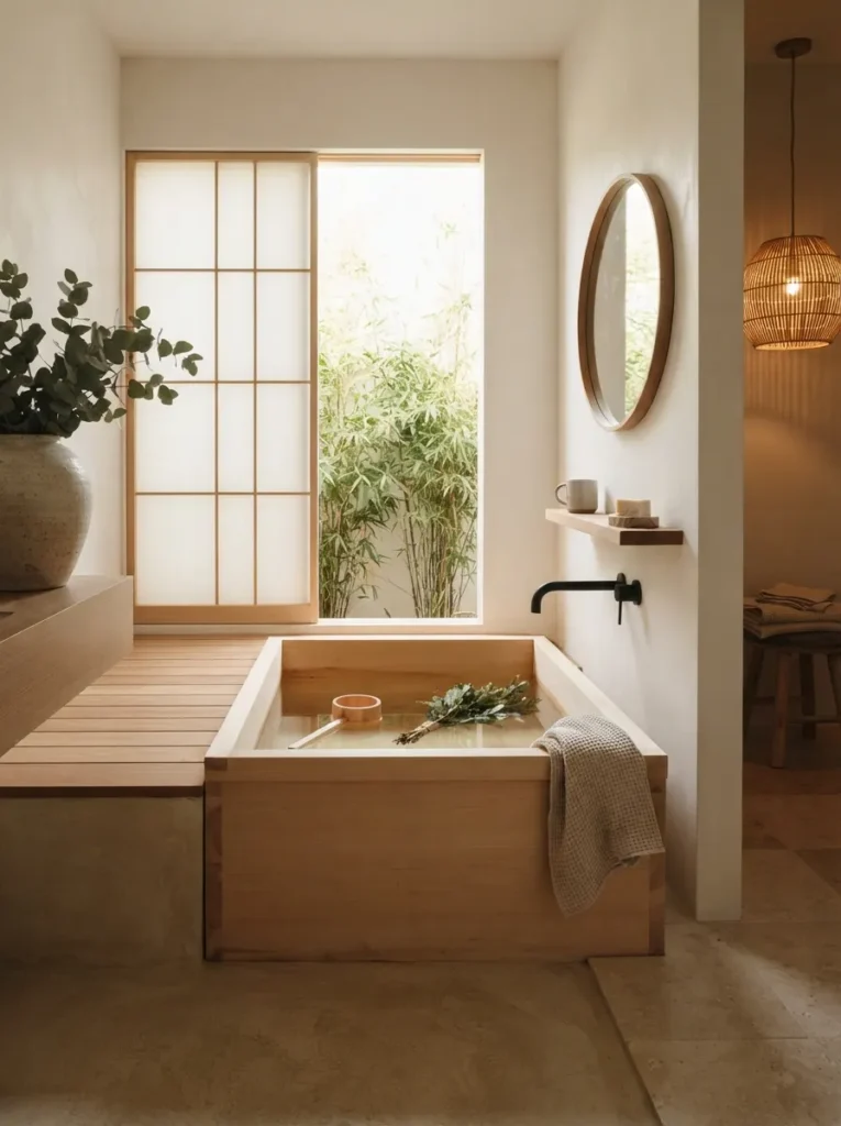 An ofuro-inspired deep soaking tub in a Japandi bathroom, minimalist exterior form, warm bathroom lighting, vertical Pinterest photography, warm ofuro-tub styling.