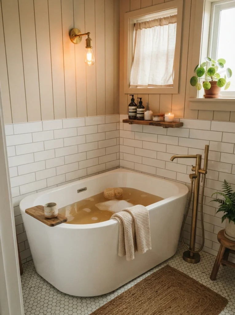 A compact soaking tub installed in the corner of a small bathroom, deep profile with a small footprint, warm bathroom lighting, vertical Pinterest photography, warm compact-tub styling.