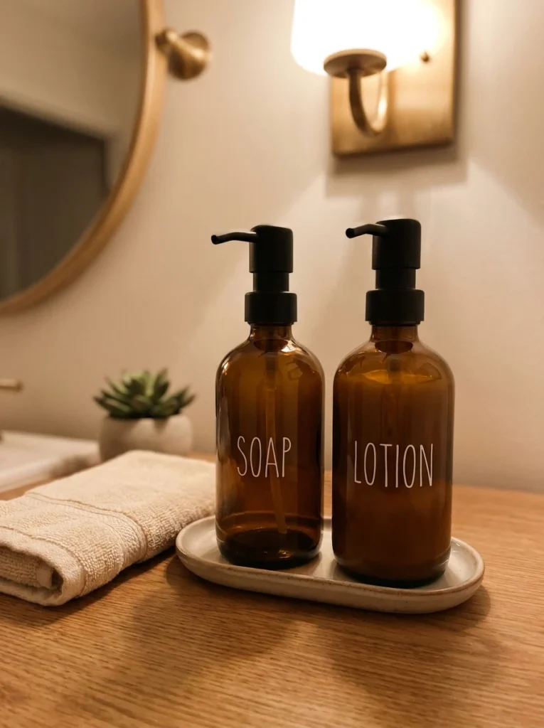 Matching uniform dispensers for soap and lotion on a bathroom counter, cohesive appearance, warm bathroom lighting, vertical Pinterest photography, warm uniform-container styling.