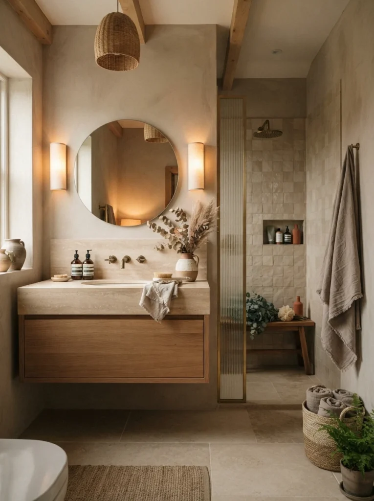 A muted earth-toned color palette in a spa-style bathroom, beige and taupe tones throughout, warm bathroom lighting, vertical Pinterest photography, warm earth-tone styling