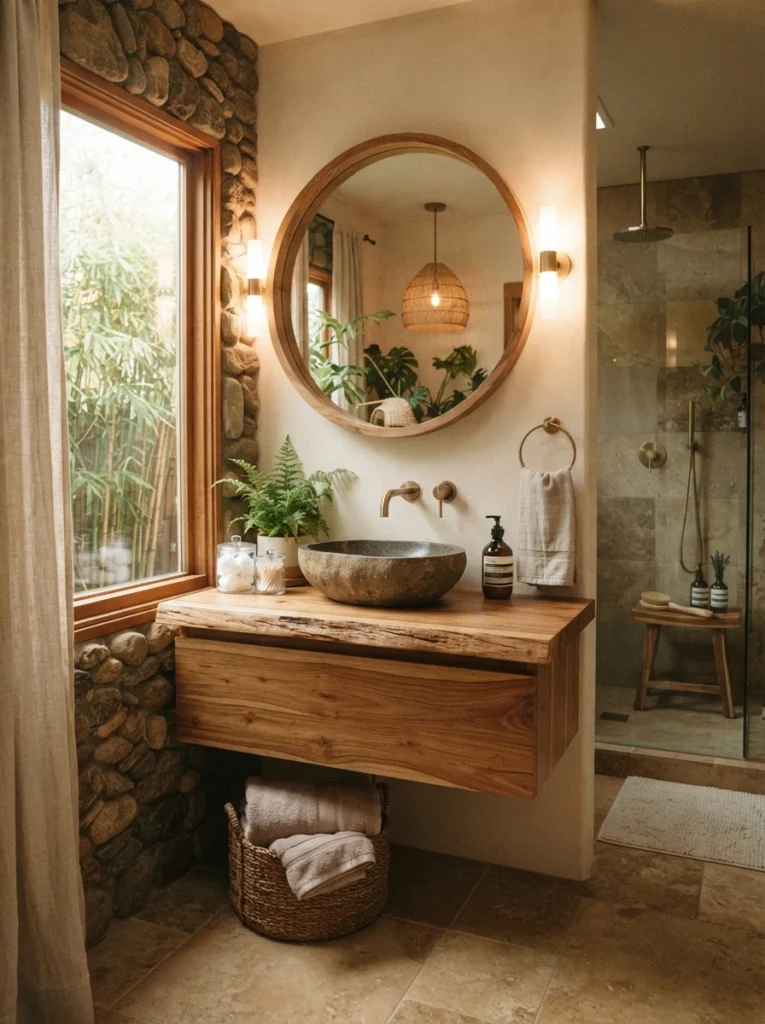 A spa-style bathroom featuring natural wood vanity and stone accent surfaces, warm bathroom lighting, vertical Pinterest photography, warm natural-material styling.
