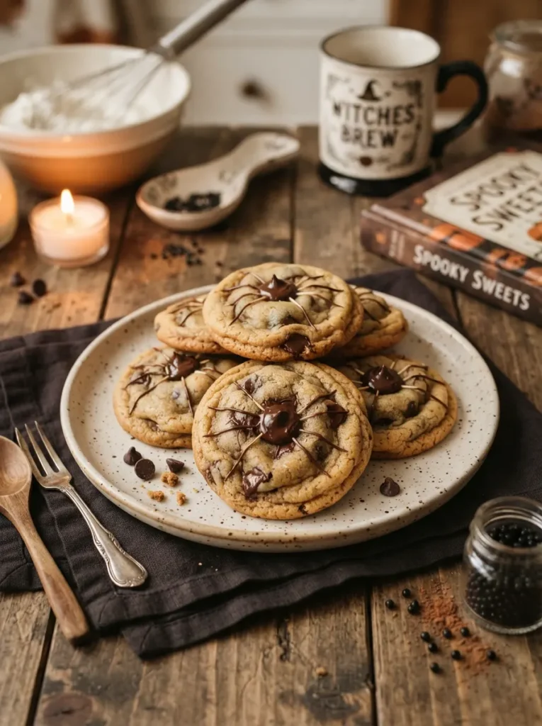 ![Classic golden-brown chocolate chip cookies where the melted chips have been drawn outward with a toothpick to resemble tiny spiders, warm ambient lighting, vertical Pinterest photography, subtle spooky baking styling.]