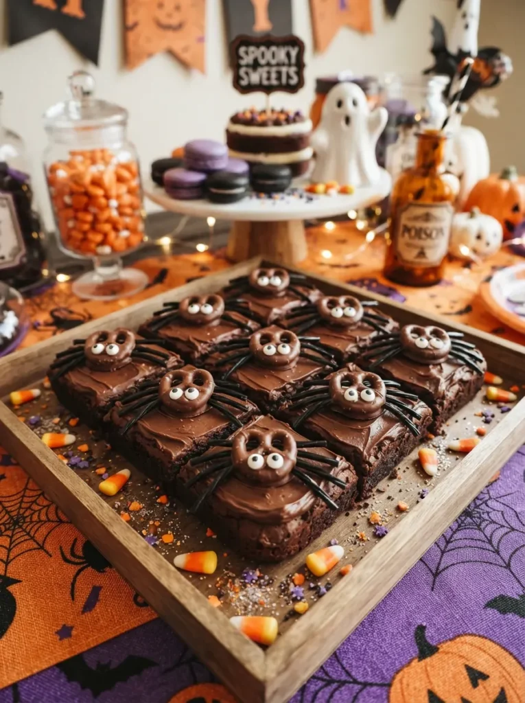 ![Chocolate-covered pretzel spiders with licorice legs and candy eyes, arranged on brownies and a Halloween dessert table with orange and purple accents, vertical Pinterest photography.]