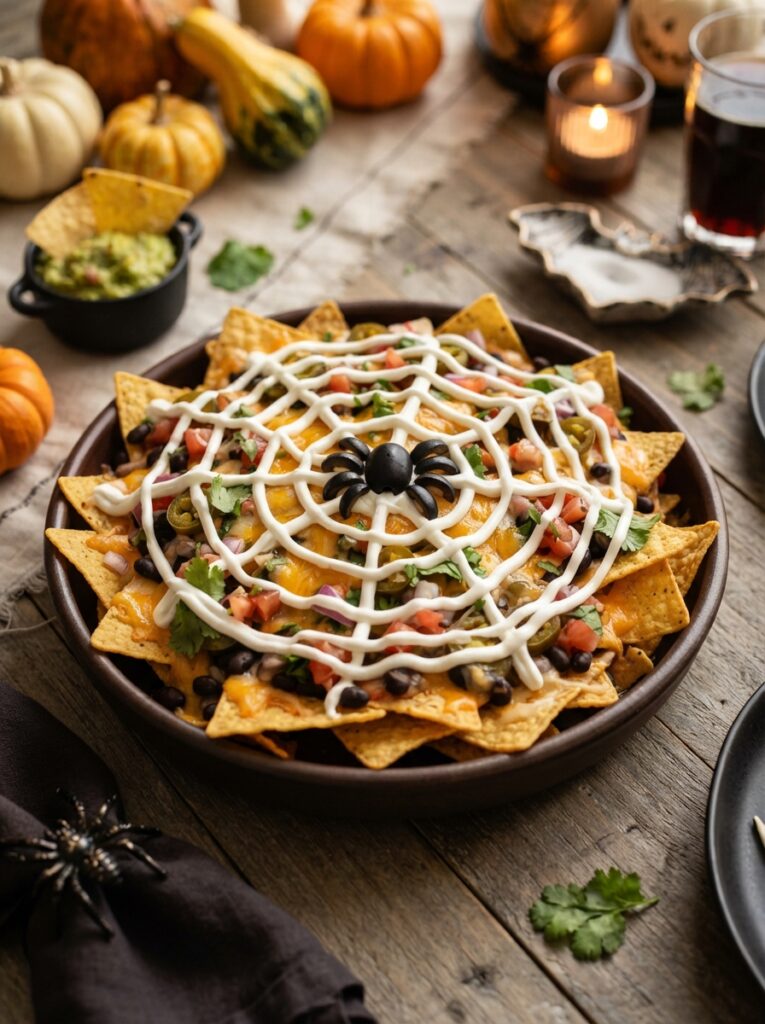 ![A large Halloween spider web nacho platter with golden tortilla chips covered in melted cheese, black beans, diced tomatoes and jalapeños, sour cream carefully drizzled into a detailed spider web pattern across the top, black olive spider in the center, rustic Halloween table with pumpkins and warm lighting, extremely appetizing realistic food photography, vertical Pinterest composition, no text.]