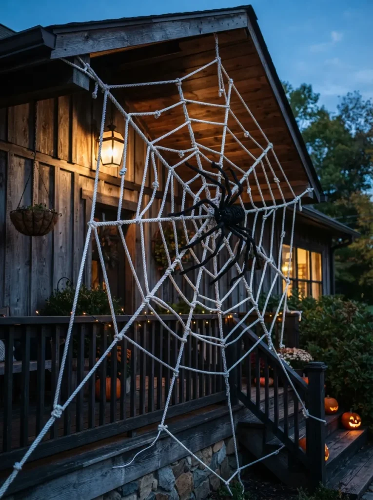 ![A massive, geometric spider web made of thick white rope stretched dynamically from a porch roofline down to a wooden railing, a single large black spider attached, crisp evening lighting, vertical Pinterest photography, graphic modern Halloween styling.]
