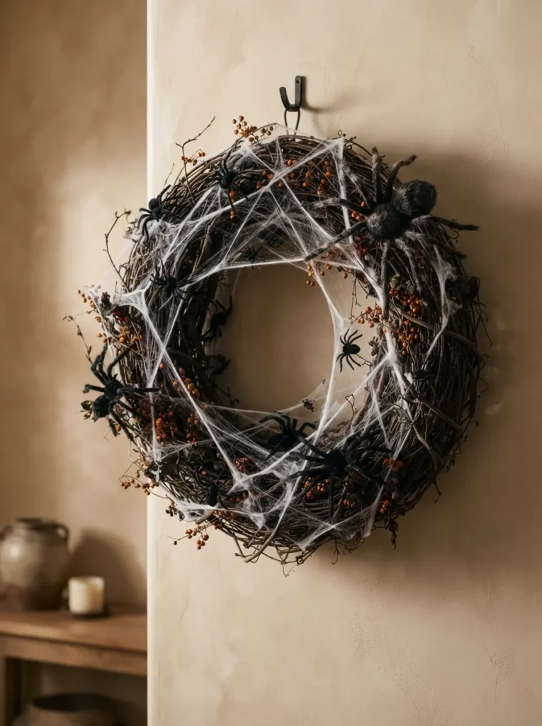 ![A rustic grapevine Halloween wreath transformed into a giant spider nest, tangled white spider webs stretched irregularly across dark twisted branches, several realistic black spiders positioned throughout, tiny orange berries and dried branches adding subtle color, hanging on a warm neutral wall, dramatic soft lighting, creepy rustic Halloween decor, realistic photography, vertical Pinterest composition, no text.]