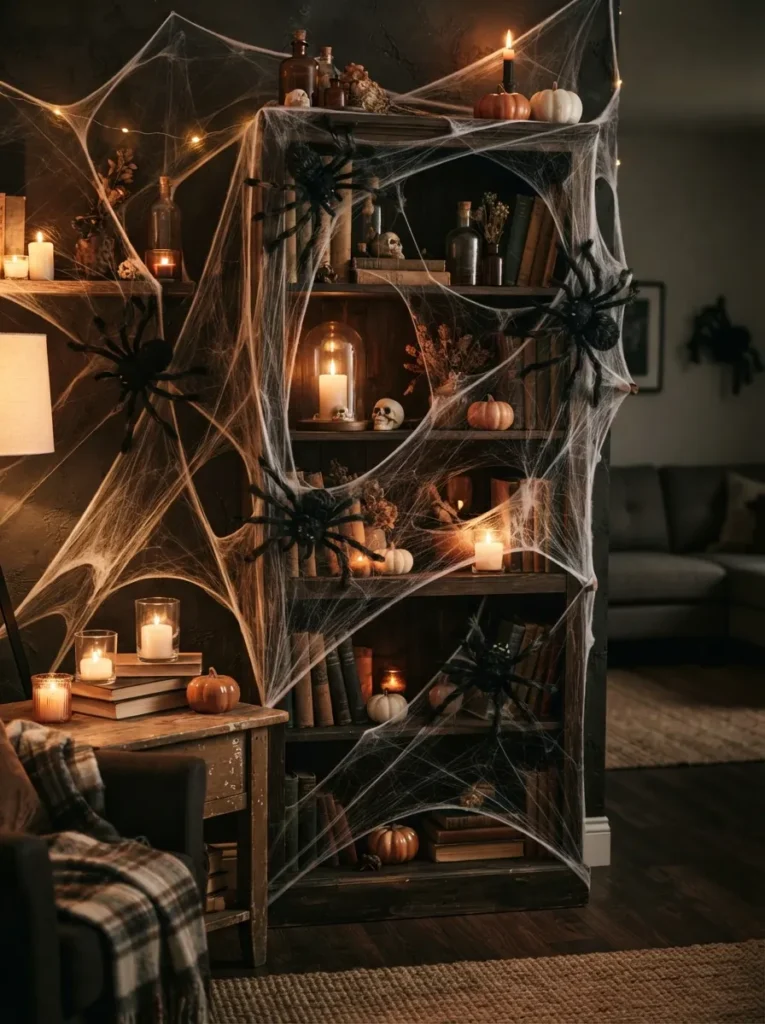 ![A cozy living room corner dramatically covered in stretched white spider web material, oversized realistic black spiders positioned throughout the web, dark wooden bookshelf behind it, small pumpkins and candles nearby, warm low lighting creating dramatic shadows, realistic Halloween home decor photography, creepy but stylish, vertical Pinterest composition, no text.]