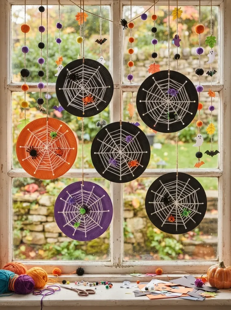 Halloween paper plate spiderweb decorations with white yarn, small pom-pom spiders, black plates, and colorful craft supplies hanging in a window, vertical Pinterest photography.