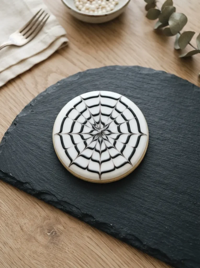 ![A round sugar cookie with a flawless white and black wet-on-wet spiderweb design, resting on a dark slate board, crisp overhead lighting, vertical Pinterest photography, minimalist bakery styling.]