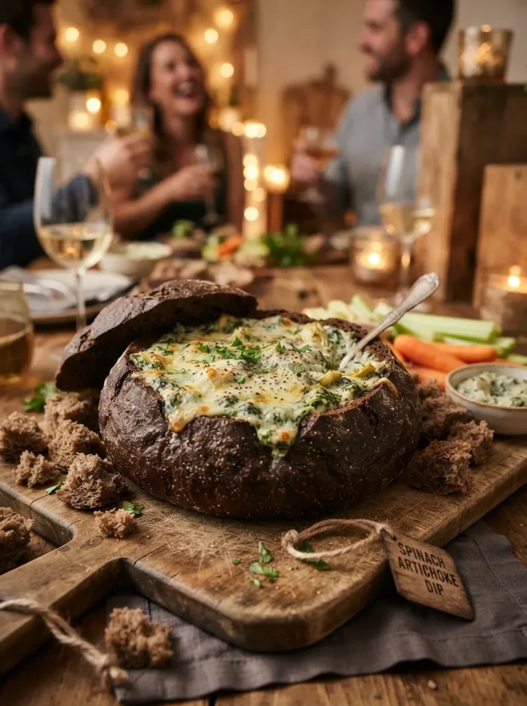 ![A round, hollowed-out loaf of dark pumpernickel bread acting as a cauldron, filled to the brim with bubbling, green spinach artichoke dip, warm party lighting, vertical Pinterest photography, rustic cauldron dip styling.]