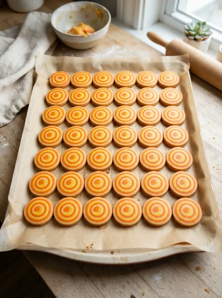 ![Perfectly round slice-and-bake cookies featuring a tight, mesmerizing spiral of bright orange, yellow, and white dough, arranged cleanly on parchment, crisp daylight, vertical Pinterest photography, geometric candy corn styling.]