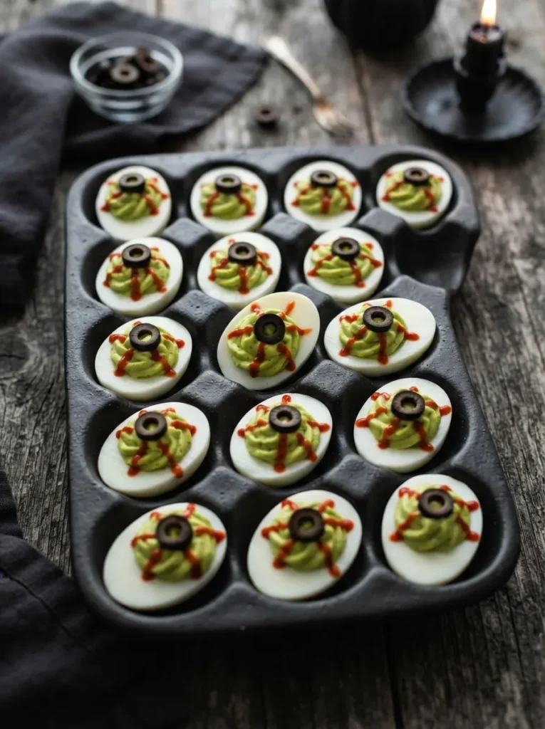 ![Vibrant green deviled eggs piped beautifully into white egg halves, topped with a black olive slice and delicate red sriracha veins to resemble eyeballs, dark tray, vertical Pinterest photography, spooky deviled egg styling.]