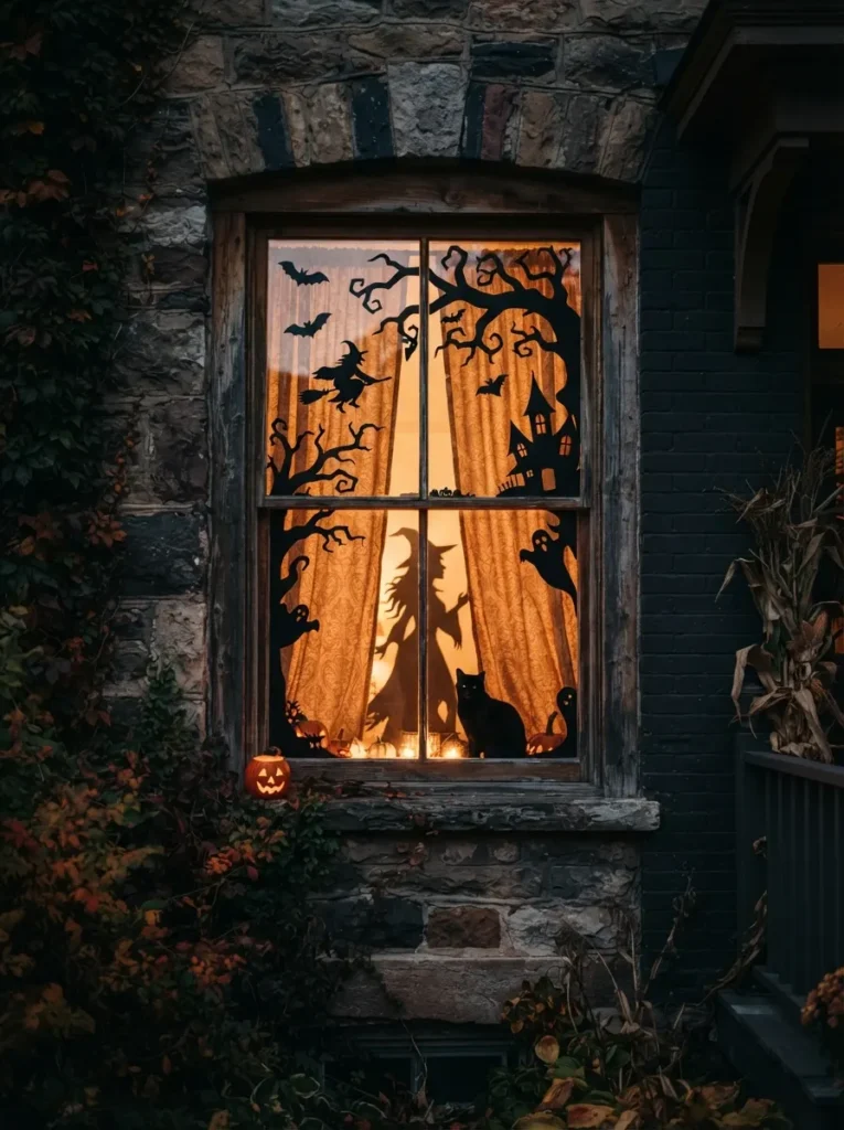 ![A residential window transformed into a spooky Halloween scene using black cardboard silhouettes, crooked tree branches, a perched cat and mysterious human figure visible against warm glowing curtains, dark evening outside, subtle Halloween decorations around the window, realistic DIY decor photography, cinematic but believable, vertical Pinterest composition, no text.]