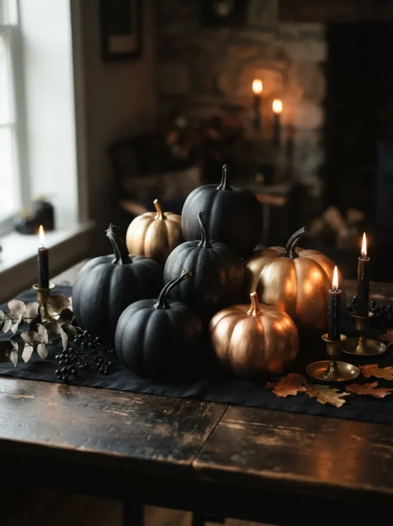 ![Cluster of spray-painted matte black and metallic foam pumpkins arranged on a dark table, dramatic side lighting, vertical Pinterest photography, elevated painted-pumpkin styling.]
