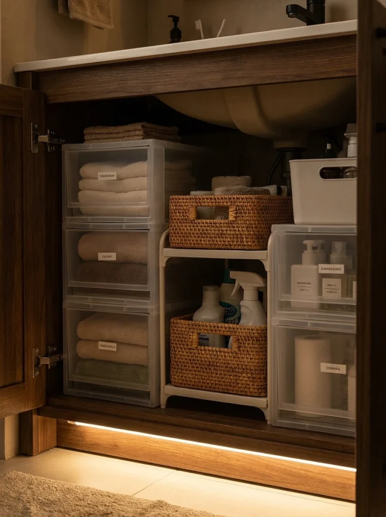 Stackable organizers inside an under-sink bathroom cabinet, making full use of vertical space, warm bathroom lighting, vertical Pinterest photography, warm under-sink styling.