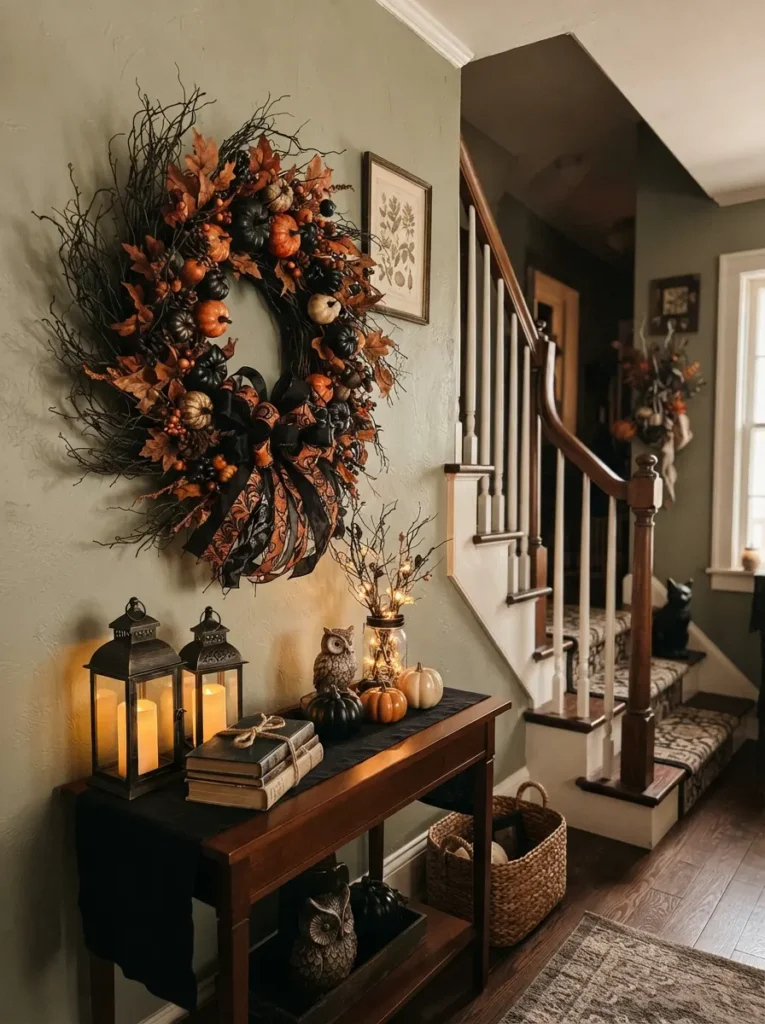 ![A cozy staircase landing decorated for Halloween, oversized black and orange wreath hanging on the wall beside a staircase, wreath made from dark branches, dried orange leaves, miniature pumpkins and black ribbon, small wooden console beneath with lanterns and autumn decor, warm stairway lighting, sophisticated spooky atmosphere, realistic interior photography, vertical Pinterest composition, no text.]