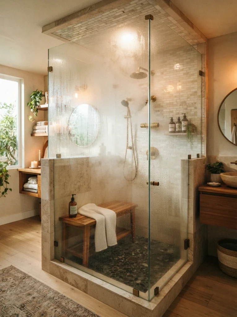 A steam shower installed in a spa-style bathroom, glass enclosure with visible steam, warm bathroom lighting, vertical Pinterest photography, warm steam-shower styling.