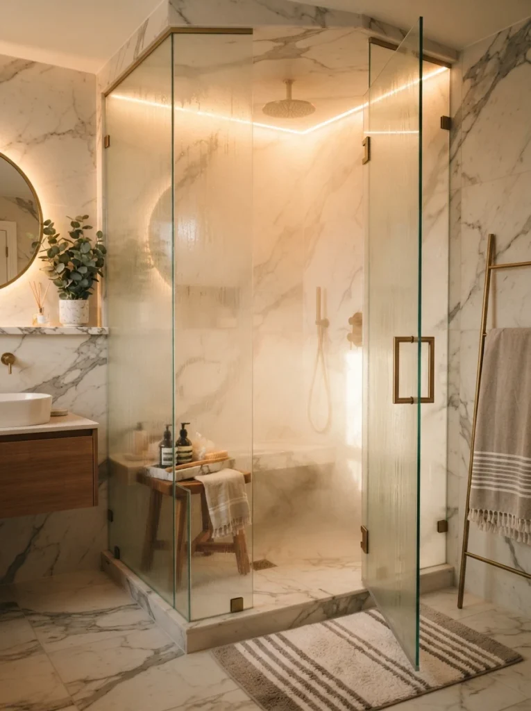 A steam shower installed in a modern bathroom, glass enclosure and marble tile, warm bathroom lighting, vertical Pinterest photography, warm steam-shower styling.