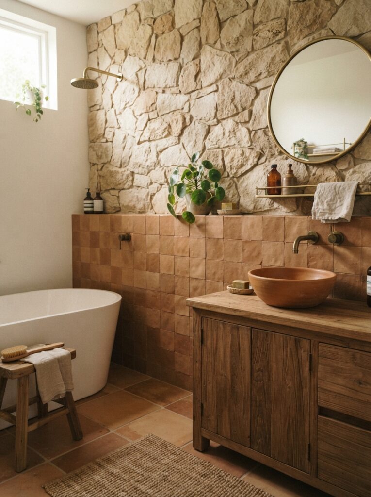 Natural stone paired with earthy brown terracotta tile in a bathroom, grounded peaceful combination, warm bathroom lighting, vertical Pinterest photography, warm stone-terracotta styling.