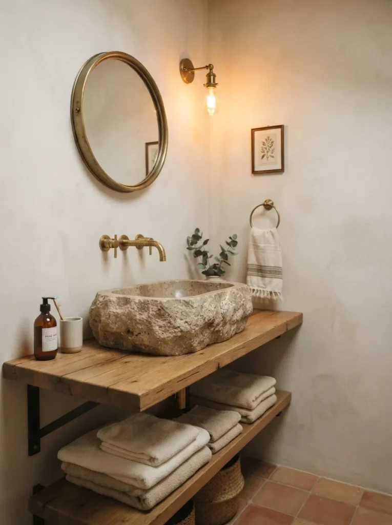 A stone sink adding weight and character to a bathroom, walls kept lighter and muted, warm bathroom lighting, vertical Pinterest photography, warm stone-sink-weight styling.