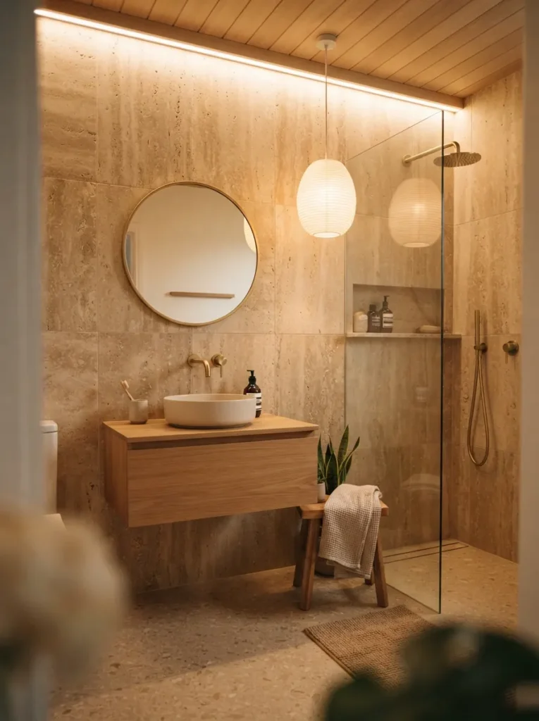 Tactile stone tile wrapping a Japandi bathroom wall from floor to ceiling, warm bathroom lighting, vertical Pinterest photography, warm floor-to-ceiling-stone styling.