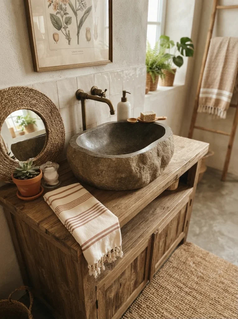 A rough-hewn stone vessel basin on a boho bathroom vanity, warm bathroom lighting, vertical Pinterest photography, warm stone-basin styling.