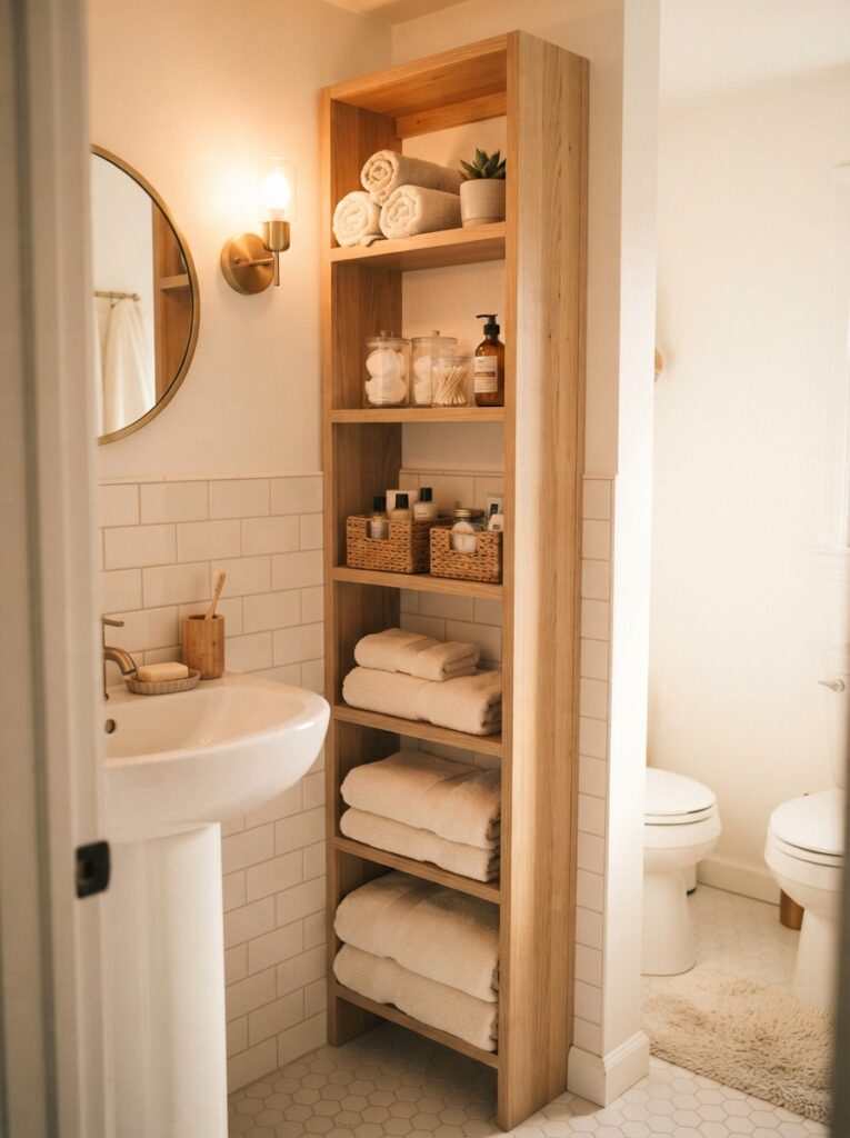 ![A slim vertical storage tower in a small bathroom, narrow footprint holding towels and toiletries, warm bathroom lighting, vertical Pinterest photography, warm vertical-storage styling.]