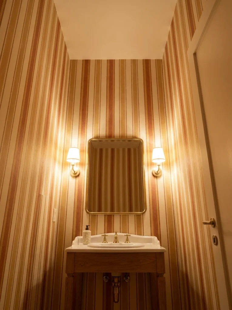 Vertical-striped wallpaper on a small bathroom wall, drawing the eye upward toward the ceiling, warm bathroom lighting, vertical Pinterest photography, warm vertical-line styling.