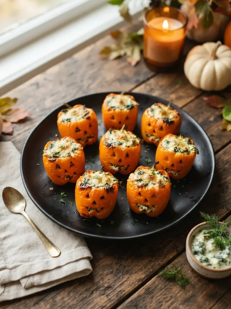 ![Miniature orange bell peppers with tiny carved jack-o'-lantern faces, baked and stuffed with creamy spinach dip, served on a black ceramic plate, warm lighting, vertical Pinterest photography, healthy festive appetizer styling.]