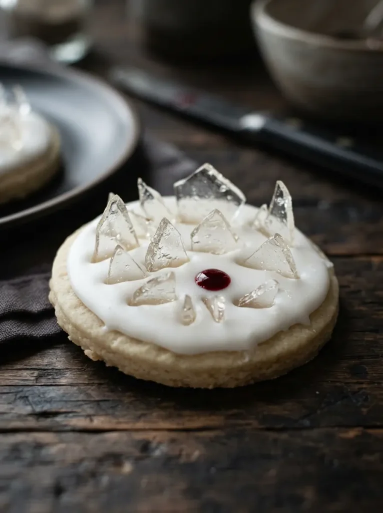 ![A white-iced sugar cookie embedded with sharp shards of clear, hard sugar candy resembling broken glass, detailed with a single drop of red edible blood, crisp lighting, vertical Pinterest photography, edgy cinematic baking styling.]
