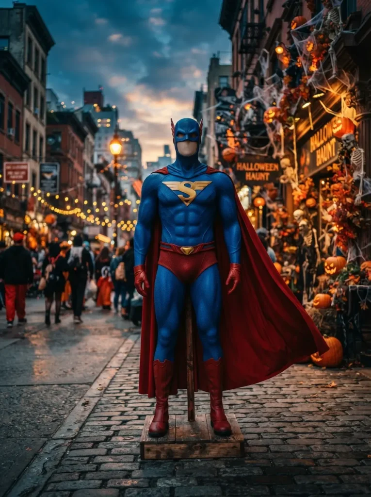 ![Modern Superman inspired Halloween costume, young man wearing a classic blue superhero suit with red cape and subtle modern styling, dramatic city street at dusk with Halloween decorations, cinematic lighting, realistic superhero photography, vertical Pinterest composition, no text.]