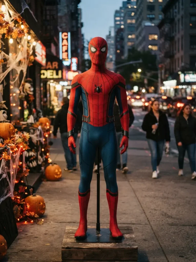 ![Modern Superman inspired Halloween costume, young man wearing a classic blue superhero suit with red cape and subtle modern styling, dramatic city street at dusk with Halloween decorations, cinematic lighting, realistic superhero photography, vertical Pinterest composition, no text.]