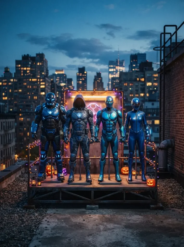 ![Fantastic Four inspired Halloween group costume, four friends wearing coordinated blue superhero outfits with matching futuristic emblems, urban rooftop at dusk decorated with subtle Halloween lights, cinematic superhero lighting, realistic photography, vertical Pinterest composition, no text.]