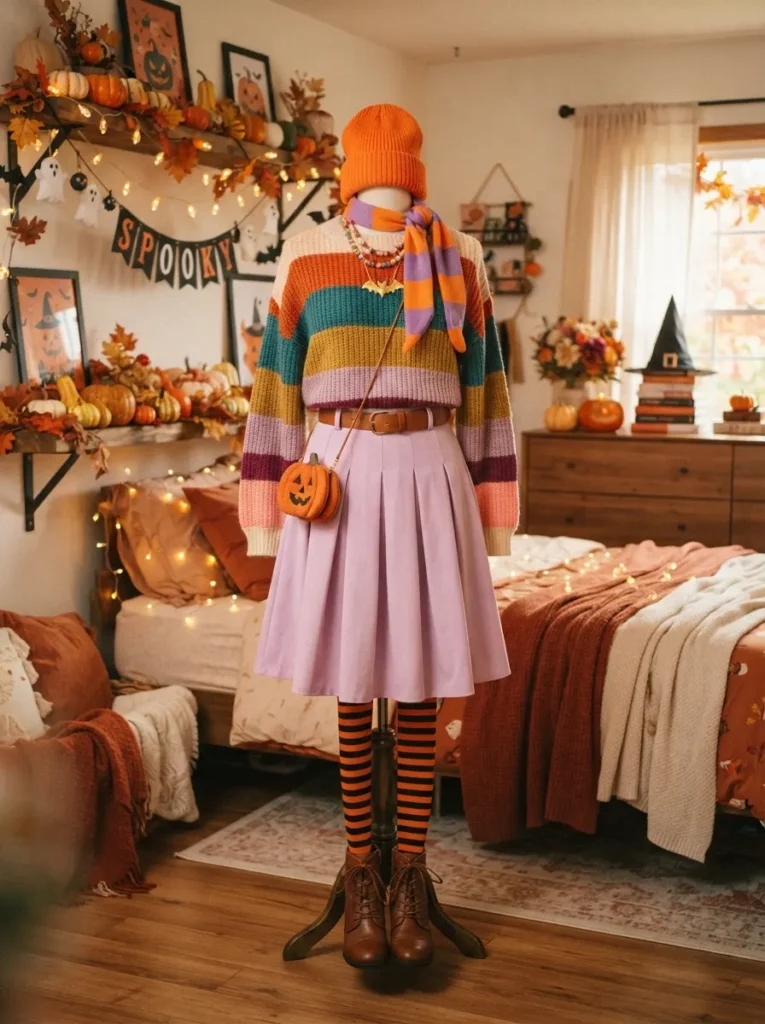 ![Enid Sinclair inspired Halloween costume, young woman in a colorful striped sweater, pastel skirt, bright accessories and playful hair, cheerful gothic bedroom setting, colorful autumn Halloween decorations, warm indoor lighting, realistic photography, vertical Pinterest composition, no text.]