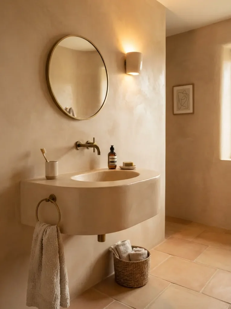 ![A tadelakt plaster wall in a bathroom, seamless grout-free finish in a soft tan tone, warm bathroom lighting, vertical Pinterest photography, warm tadelakt-plaster styling.]