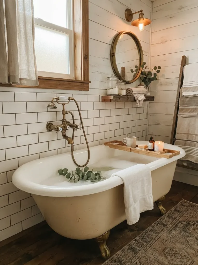 ![A wall-mount telephone-style faucet above a farmhouse bathtub, vintage character detail, warm bathroom lighting, vertical Pinterest photography, warm telephone-faucet styling.]