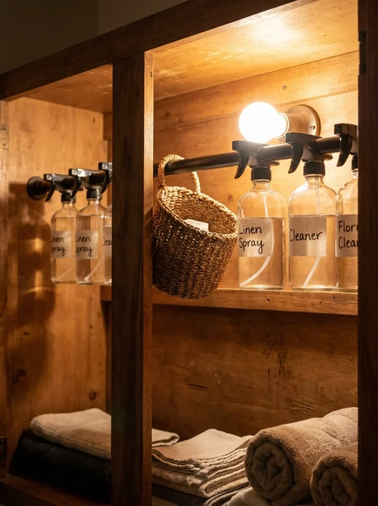 A tension rod installed inside a rental bathroom cabinet, holding hanging spray bottles, warm bathroom lighting, vertical Pinterest photography, warm tension-rod styling.