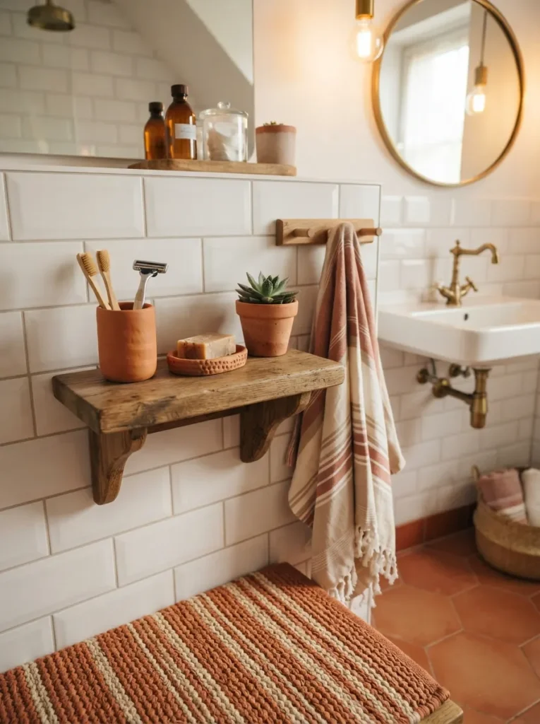 ![Small terracotta accessories in a bathroom, a bath mat and towel set adding warmth without renovation, warm bathroom lighting, vertical Pinterest photography, warm small-accessory styling.]