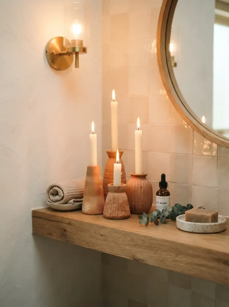 ![Terracotta candle holders grouped on a bathroom shelf, adding warmth and calm ambiance, warm bathroom lighting, vertical Pinterest photography, warm candle-holder styling.]