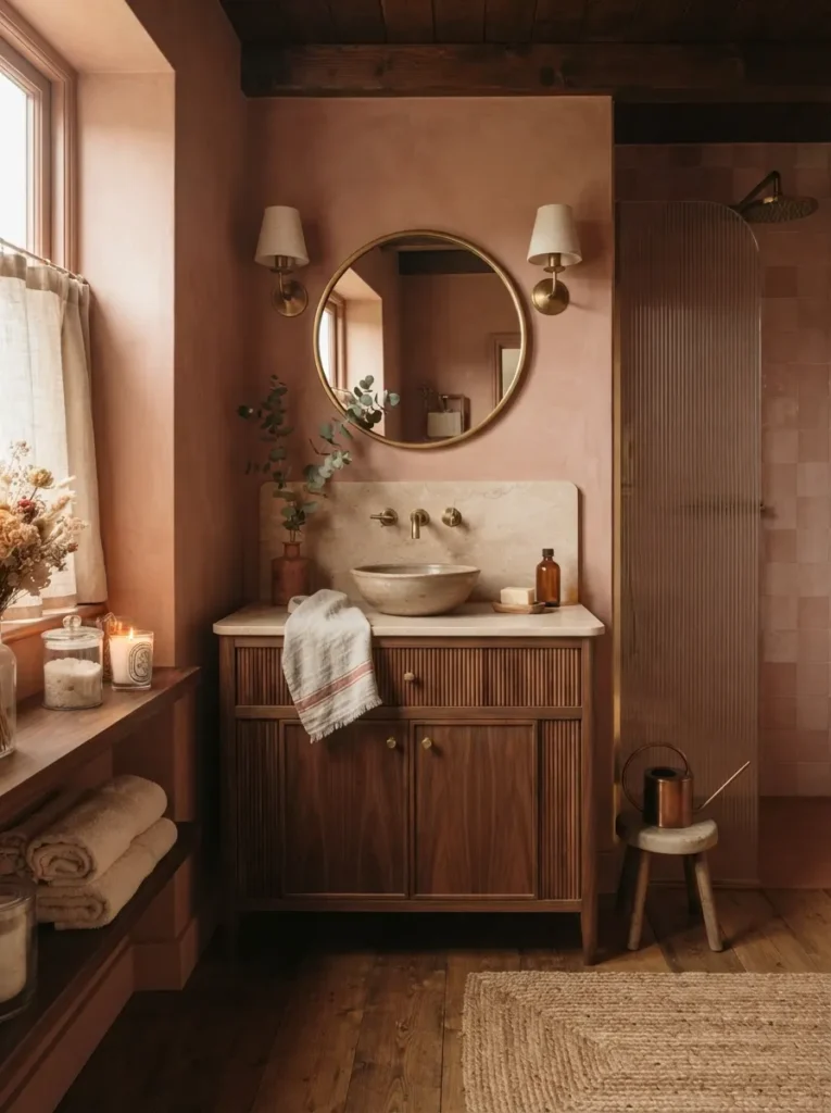 ![A terracotta-leaning rose bathroom, paired with walnut and honed marble, warm bathroom lighting, vertical Pinterest photography, warm terracotta-rose styling.]