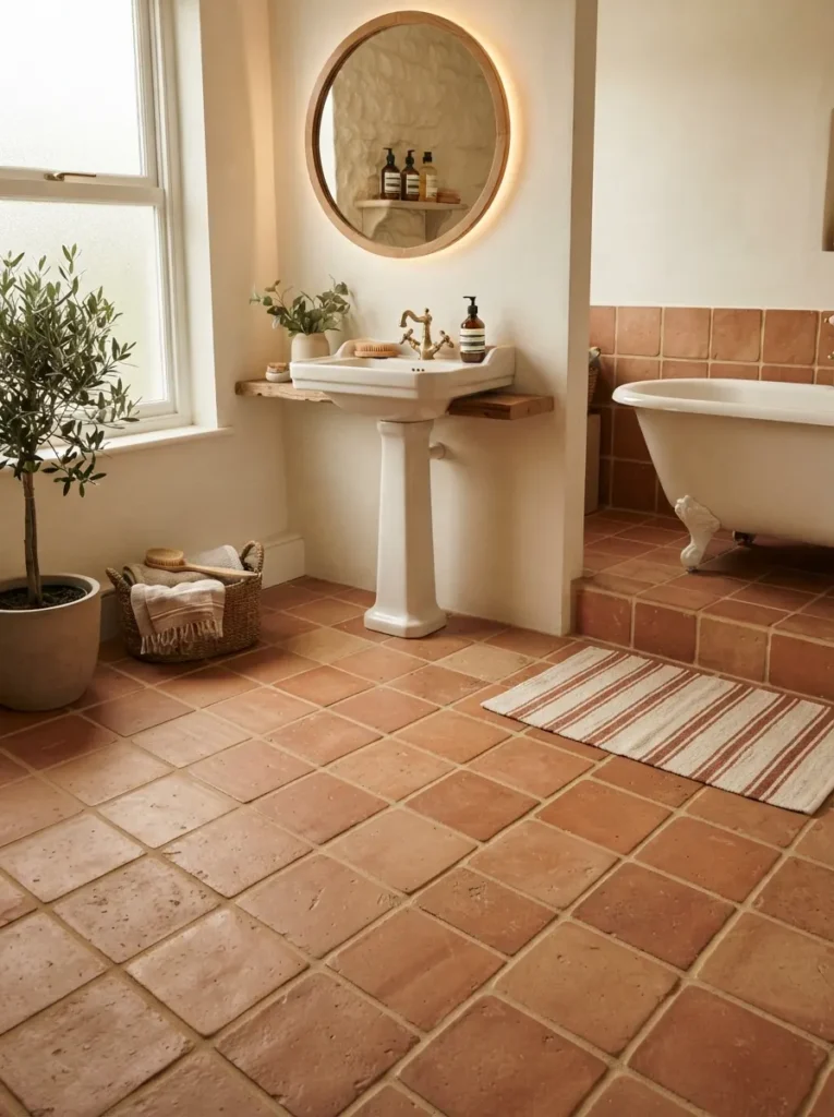 ![Matte terracotta tile flooring in a bathroom, authentic non-slip surface, warm bathroom lighting, vertical Pinterest photography, warm terracotta-floor styling.]