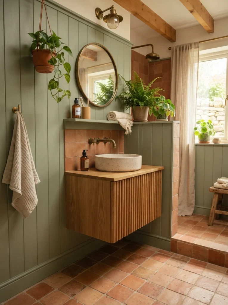 Terracotta tile paired with sage green surfaces in a bathroom, grounded nature-inspired look, warm bathroom lighting, vertical Pinterest photography, warm terracotta-sage styling.