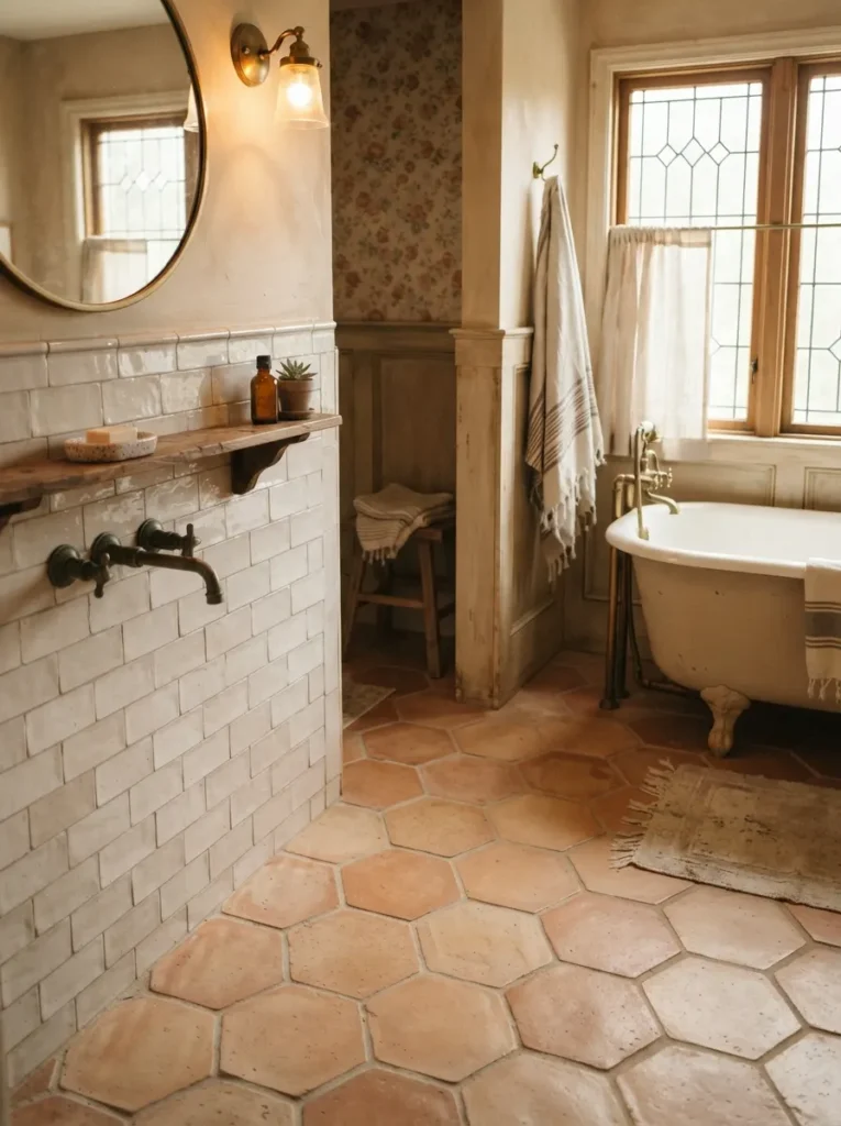 ![Vintage-shaped terracotta hexagon tile in a bathroom, retro character and grounded warmth, warm bathroom lighting, vertical Pinterest photography, warm vintage-tile-shape styling.]