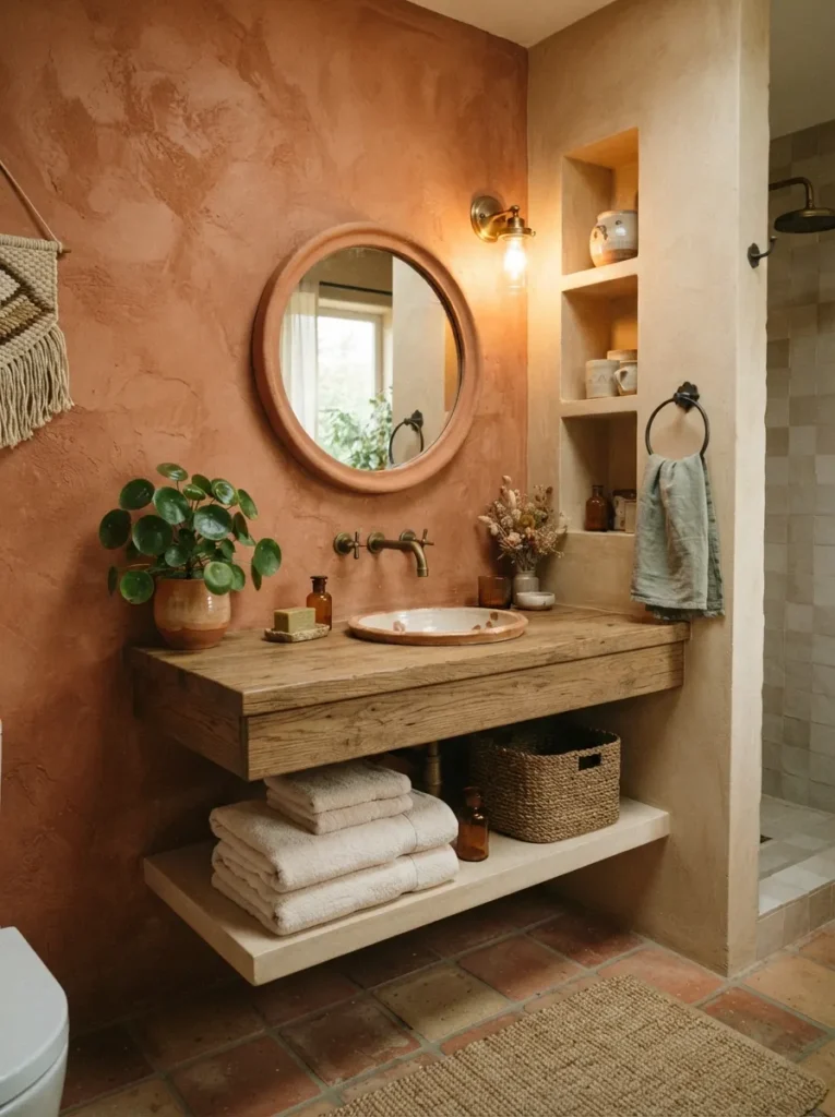 ![Terracotta and sandy beige walls in a bathroom, Mediterranean and Southwestern-inspired warmth, warm bathroom lighting, vertical Pinterest photography, warm desert-modern styling.]