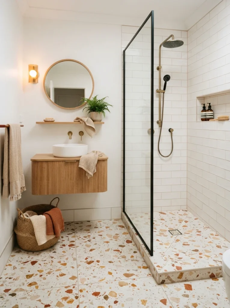 Terrazzo flooring applied selectively against white bathroom walls, character without overwhelming the space, warm bathroom lighting, vertical Pinterest photography, warm terrazzo-white styling.